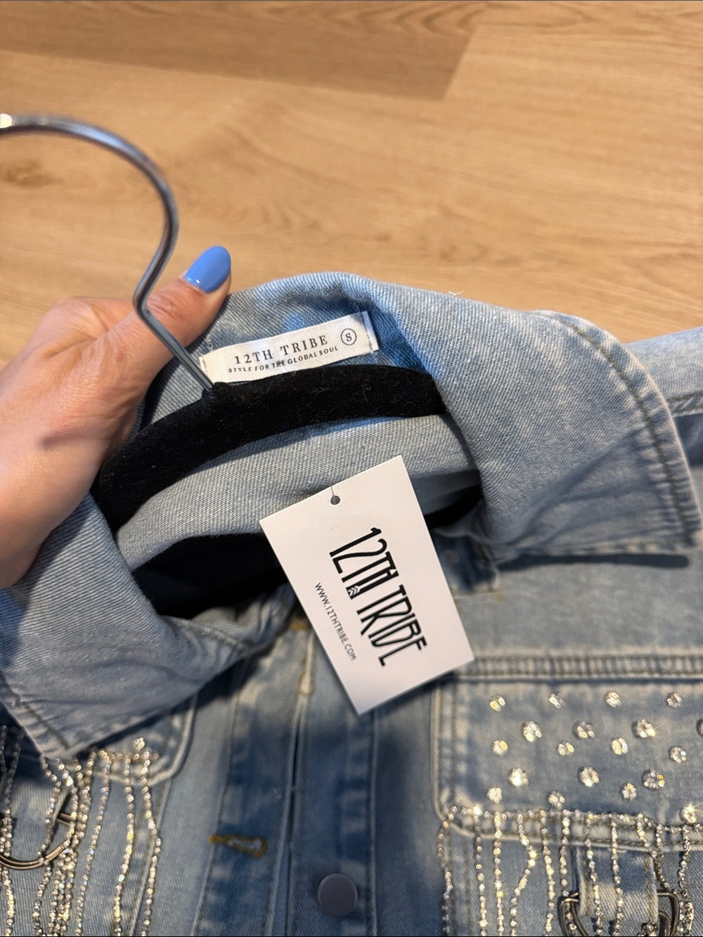 NWT 12th Tribe Light Blue Denim Jacket with Studs & Chain Fringe - Picture 3 of 3